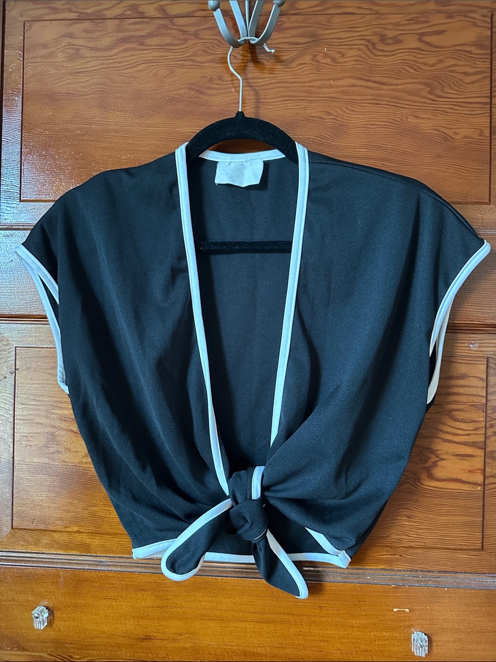 Vintage 70s Black Tie-Front Top with White Trim
